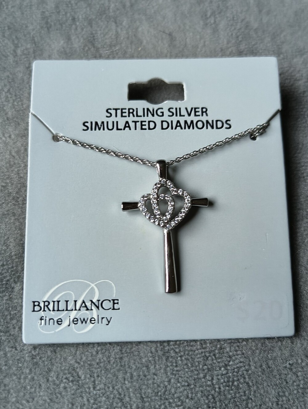Sterling Silver Cross Pendant Necklace with Simulated Diamond Heart Accent 18"